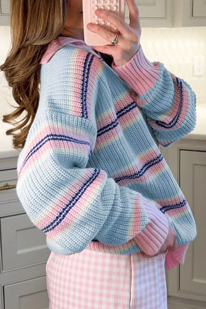 Light Blue with Striped Button Collar Long Sleeve Knit Sweater in Light Blue