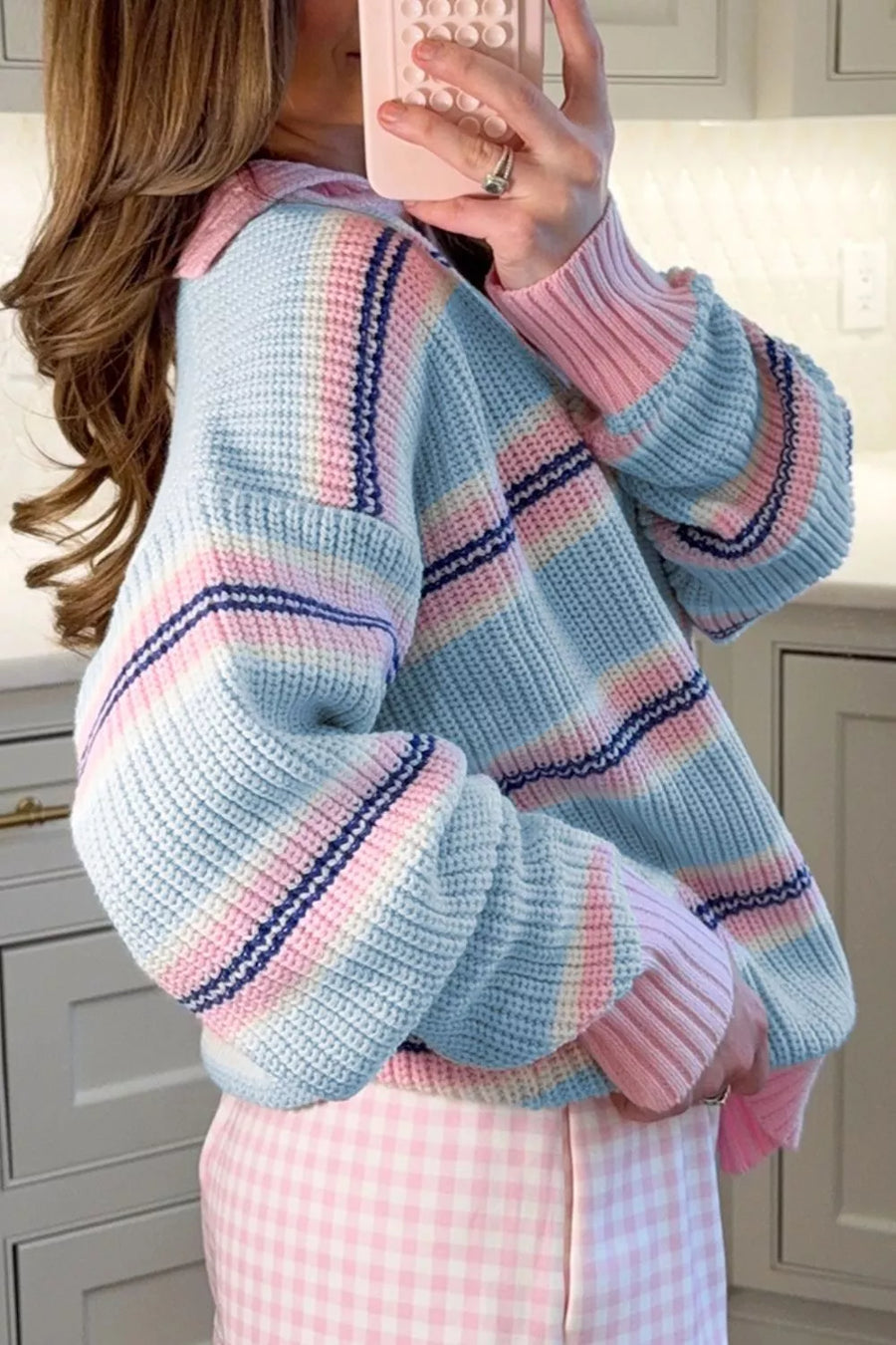 Light Blue with Striped Button Collar Long Sleeve Knit Sweater in Light Blue