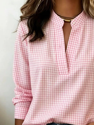 Full Size Plaid Notched Long Sleeve Blouse in Blue