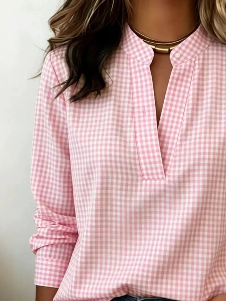 Full Size Plaid Notched Long Sleeve Blouse in Blue