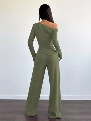 Chic One-shoulder Asymmetrical Top & Wide-leg Pants Set in Army Green