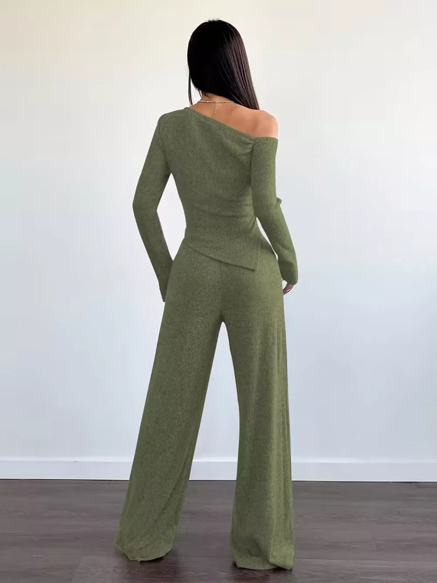 Chic One-shoulder Asymmetrical Top & Wide-leg Pants Set in Army Green