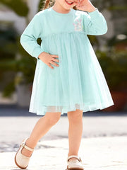 mint green A-line dress with embroidered and round neck