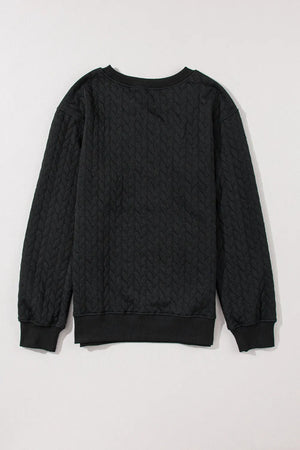 Black textured sweatshirt with cable knit pattern and crew neck.