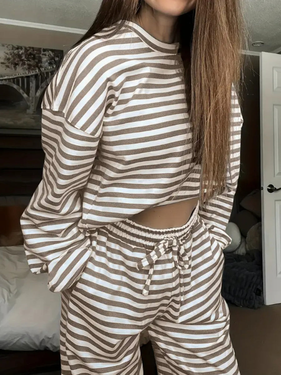 white pajama set featuring drawstring and striped