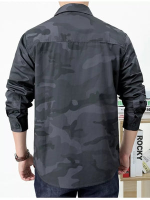 Army Green with Men's Plus Size Camouflage Print Long Sleeve Shirt