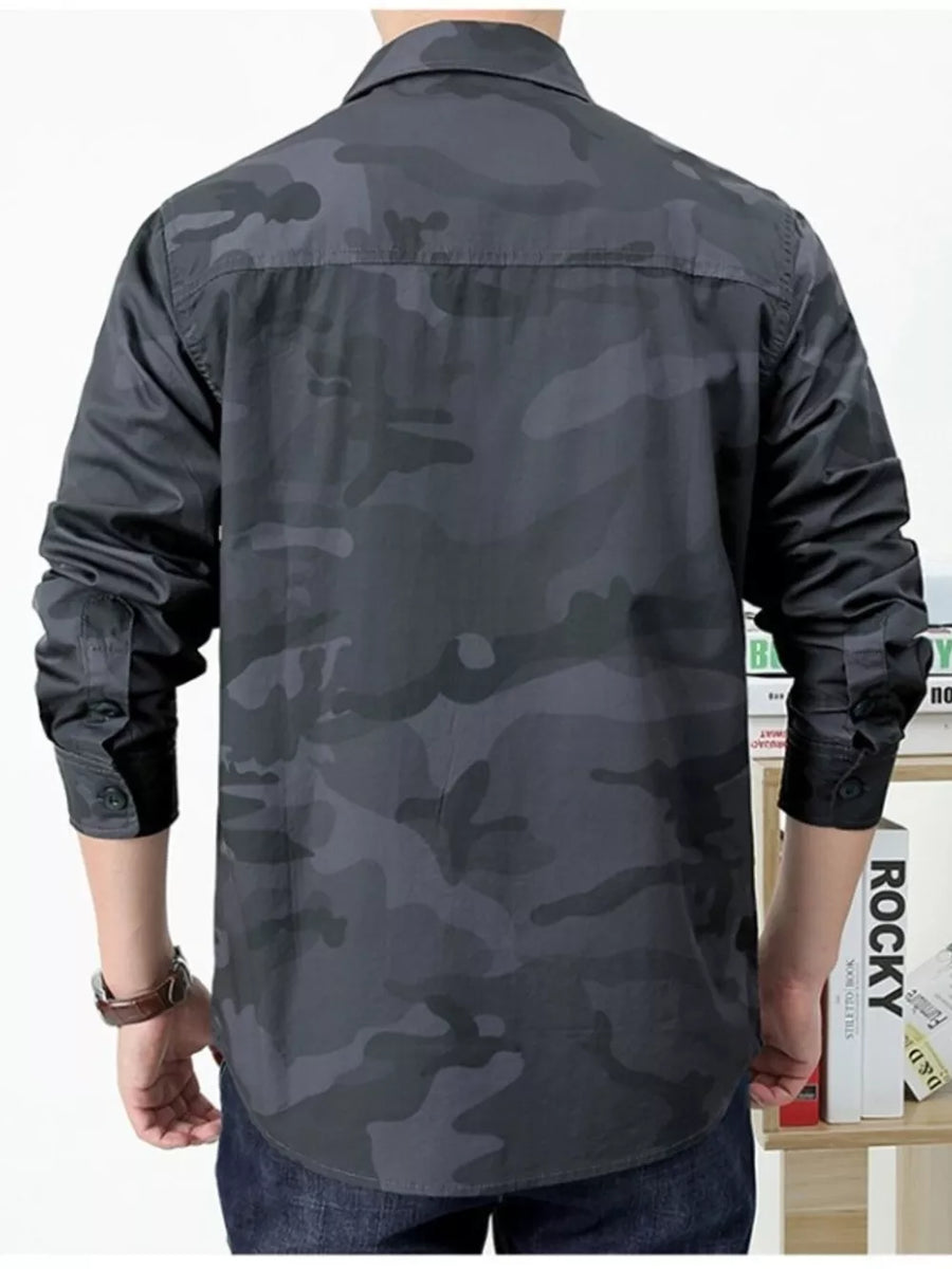 Army Green with Men's Plus Size Camouflage Print Long Sleeve Shirt
