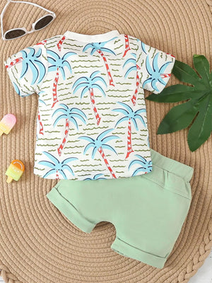 Caramel with Children's Palm Tree Print T-shirt And Shorts Set in Caramel