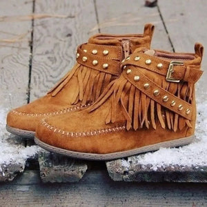 Caramel suede ankle boots with studded fringe and buckle detail