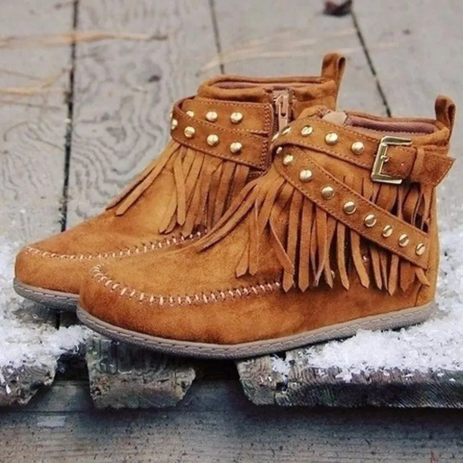 Caramel suede ankle boots with studded fringe and buckle detail