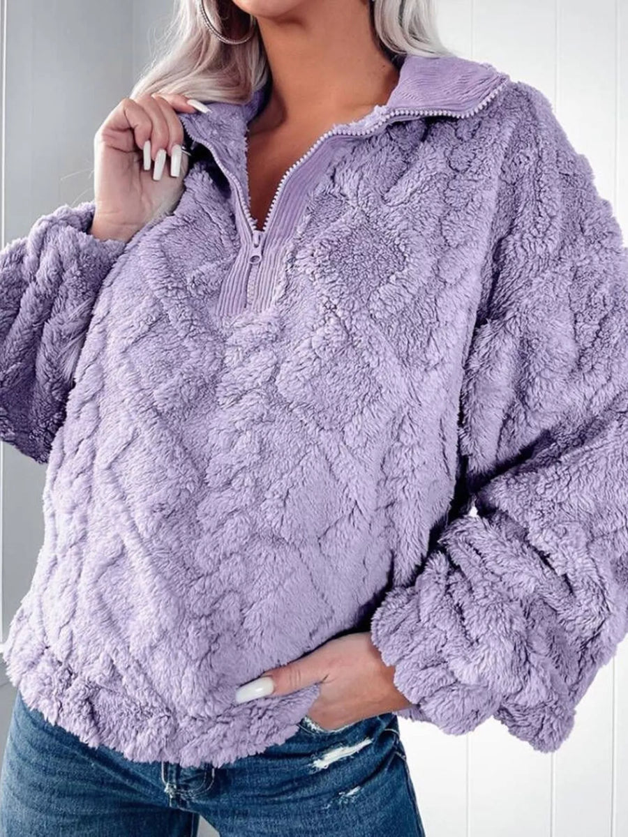 Purple textured fleece quarter zip sweatshirt with a corduroy collar and ribbed cuffs.
