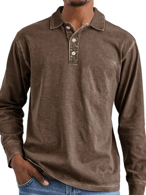 Brown vintage wash long-sleeve polo shirt with button placket.