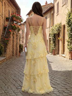 Yellow A-line maxi dress with square neck
