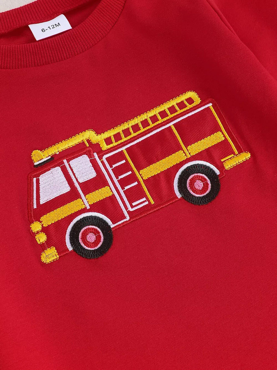 Red with Children's Fire Truck Embroidered Top And Pants Set