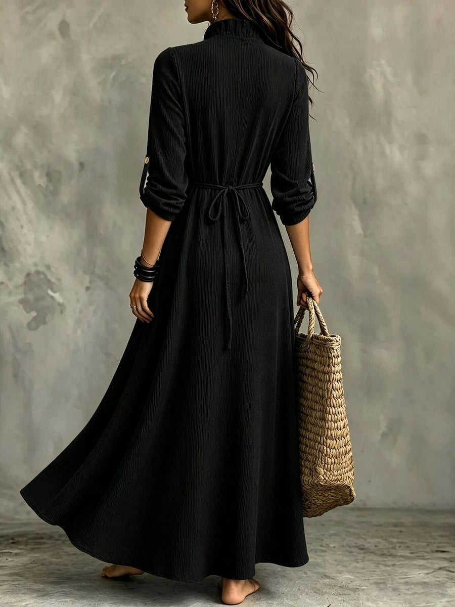 maxi dress in Black with ribbed and frill