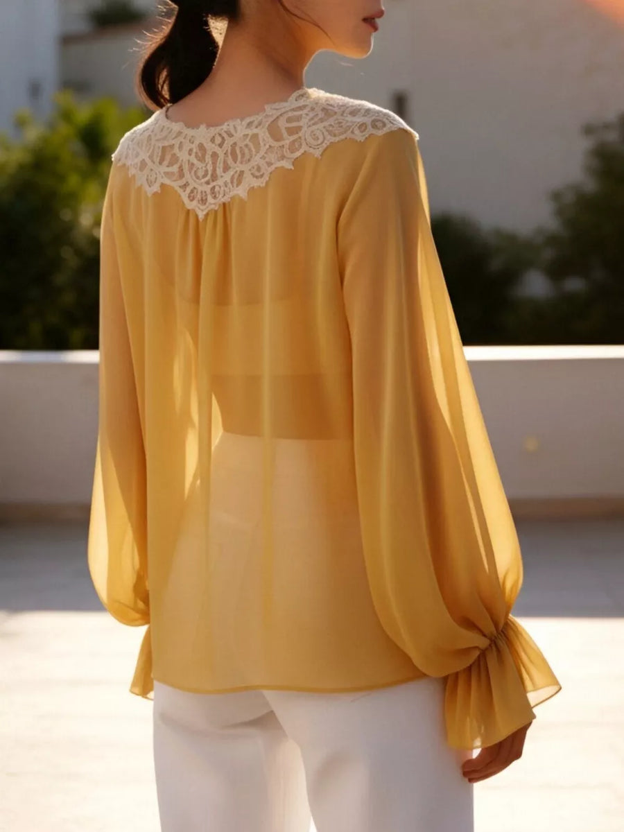 Sheer Lace-trimmed Front Tie Blouse in Black