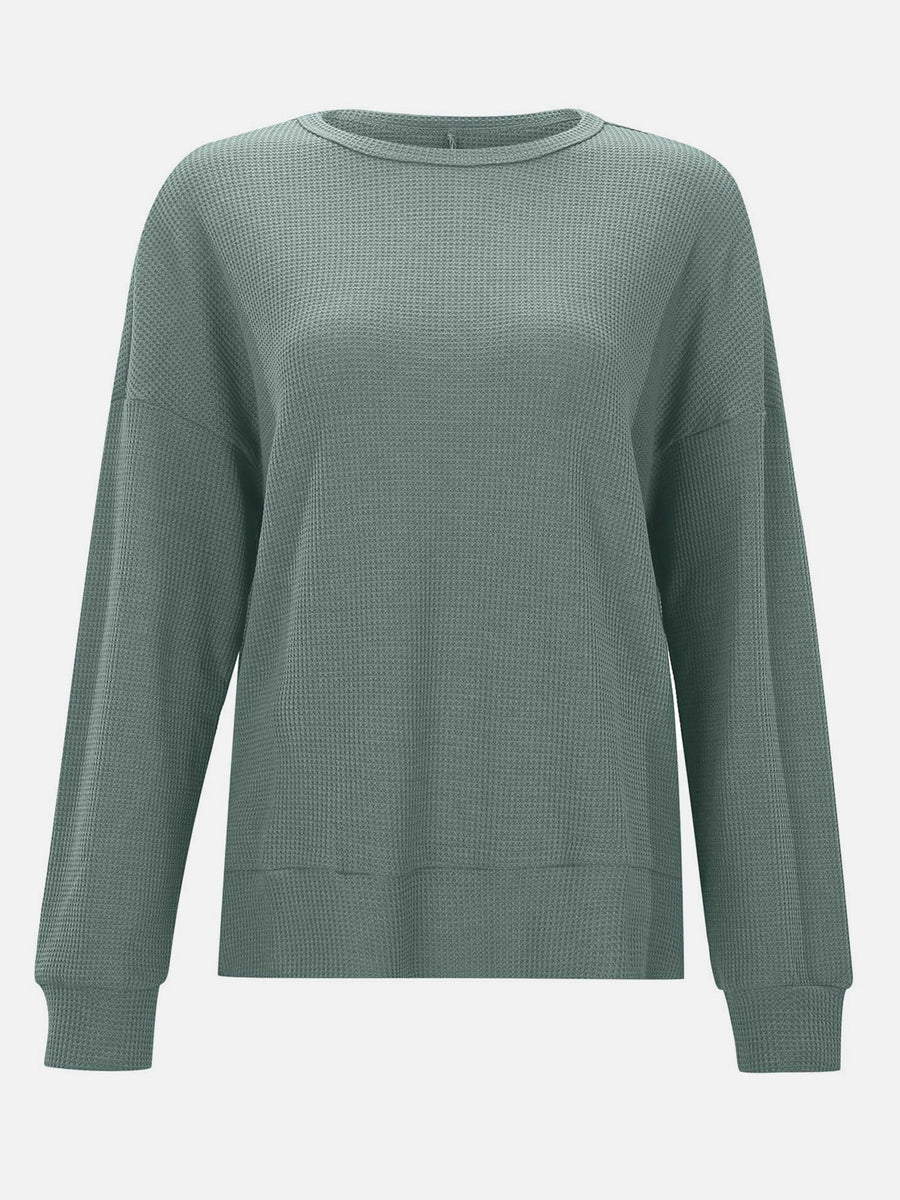 Waffle knit crewneck top in Gum Leaf green with relaxed fit and long sleeves.