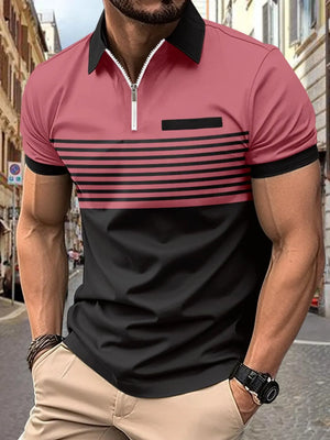 Colorblock zip polo shirt with horizontal black stripes and a chest pocket.