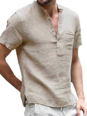 Linen henley shirt in Khaki with short sleeves, band collar, and chest pocket.