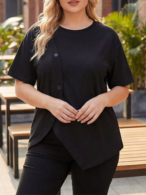 Black plus-size asymmetrical t-shirt with button accent and short sleeves.