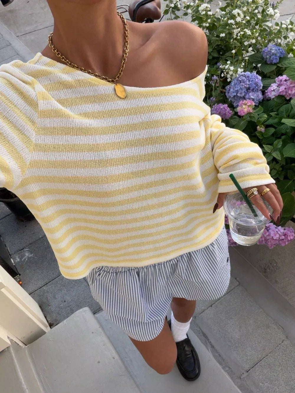 light yellow t-shirt with striped and boat neck