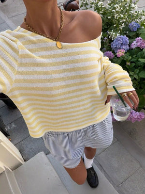 light yellow t-shirt with striped and boat neck