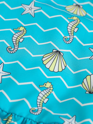 Blue cotton blend cami and shorts set with seahorse and shell print