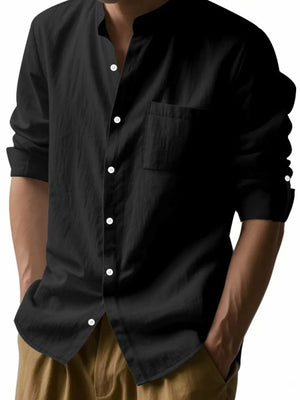 Black linen relaxed fit shirt with mandarin collar and button front.