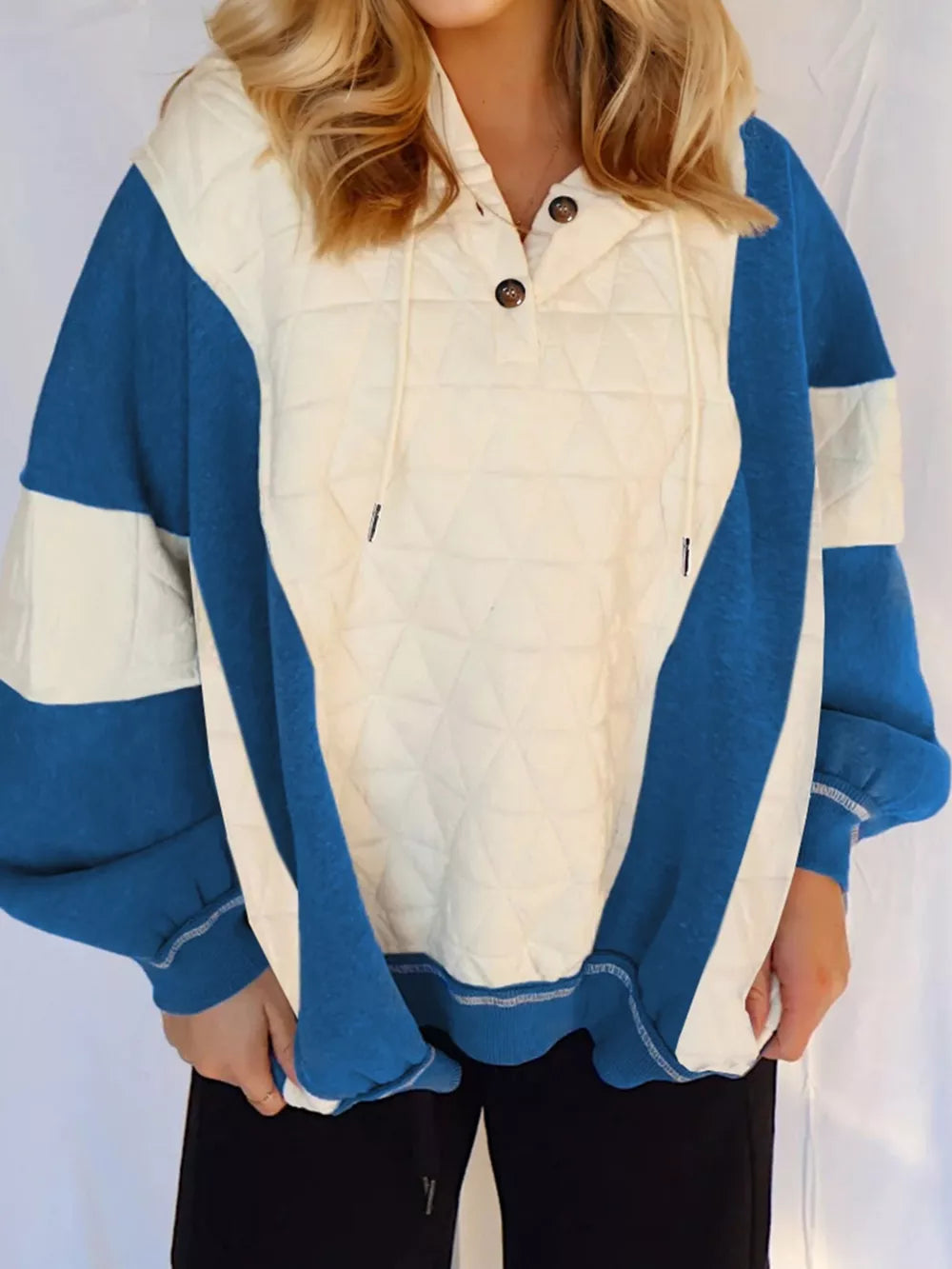 Ivory Quilted Fleece Color Block Oversize Hoodie