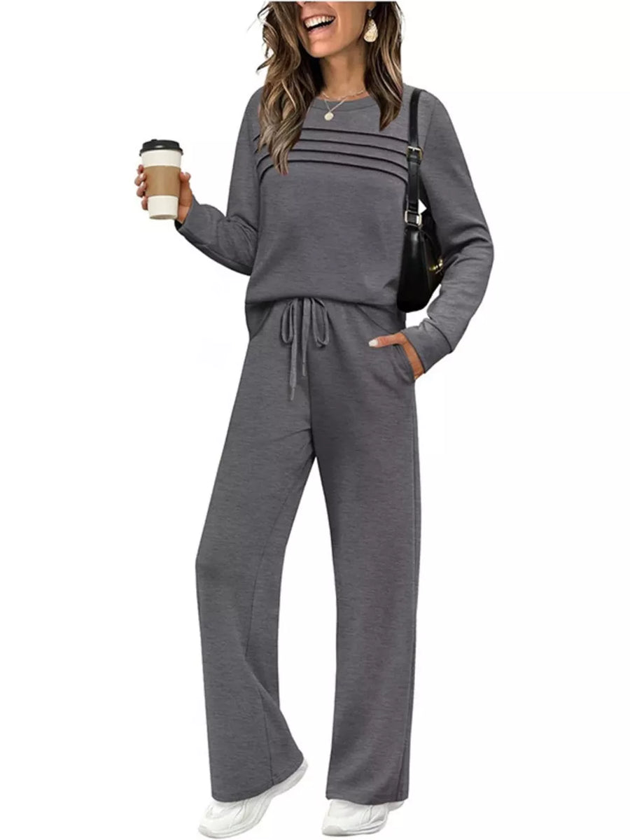 Army Green Casual Long Sleeve Crewneck Top & Drawstring Pants Set