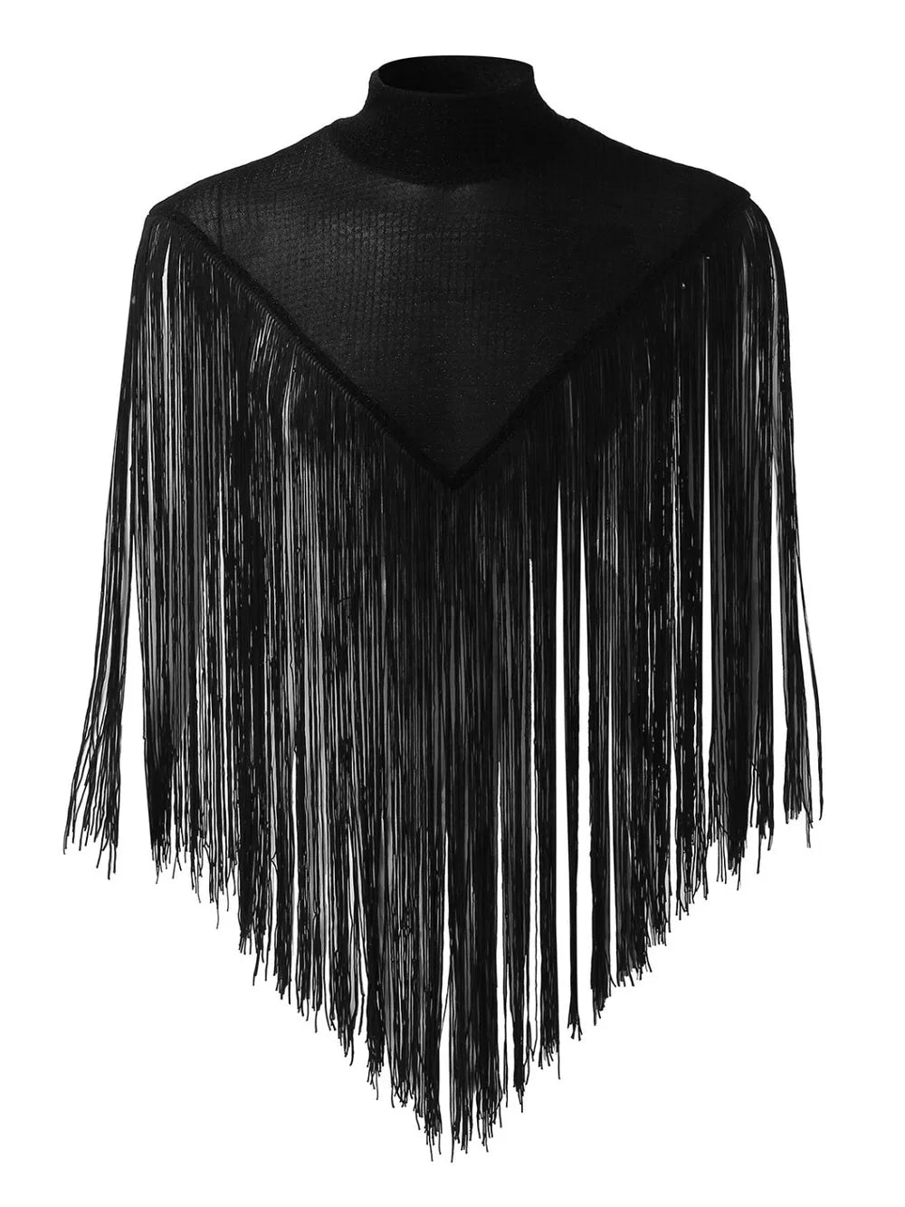 Black mock neck top with embellished collar and long fringe overlay.
