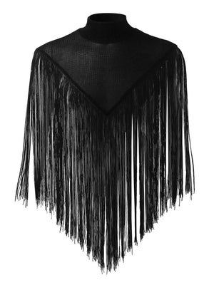 Black mock neck top with embellished collar and long fringe overlay.