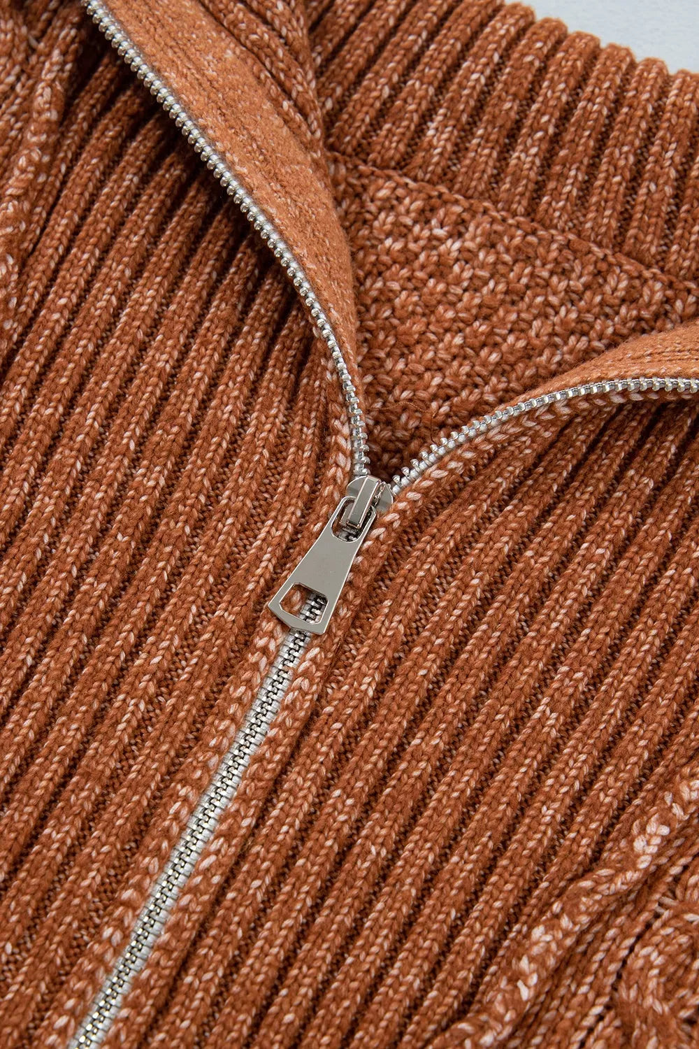 rust sweater dress with half-zip and cable knit