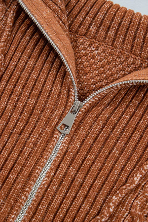 rust sweater dress with half-zip and cable knit