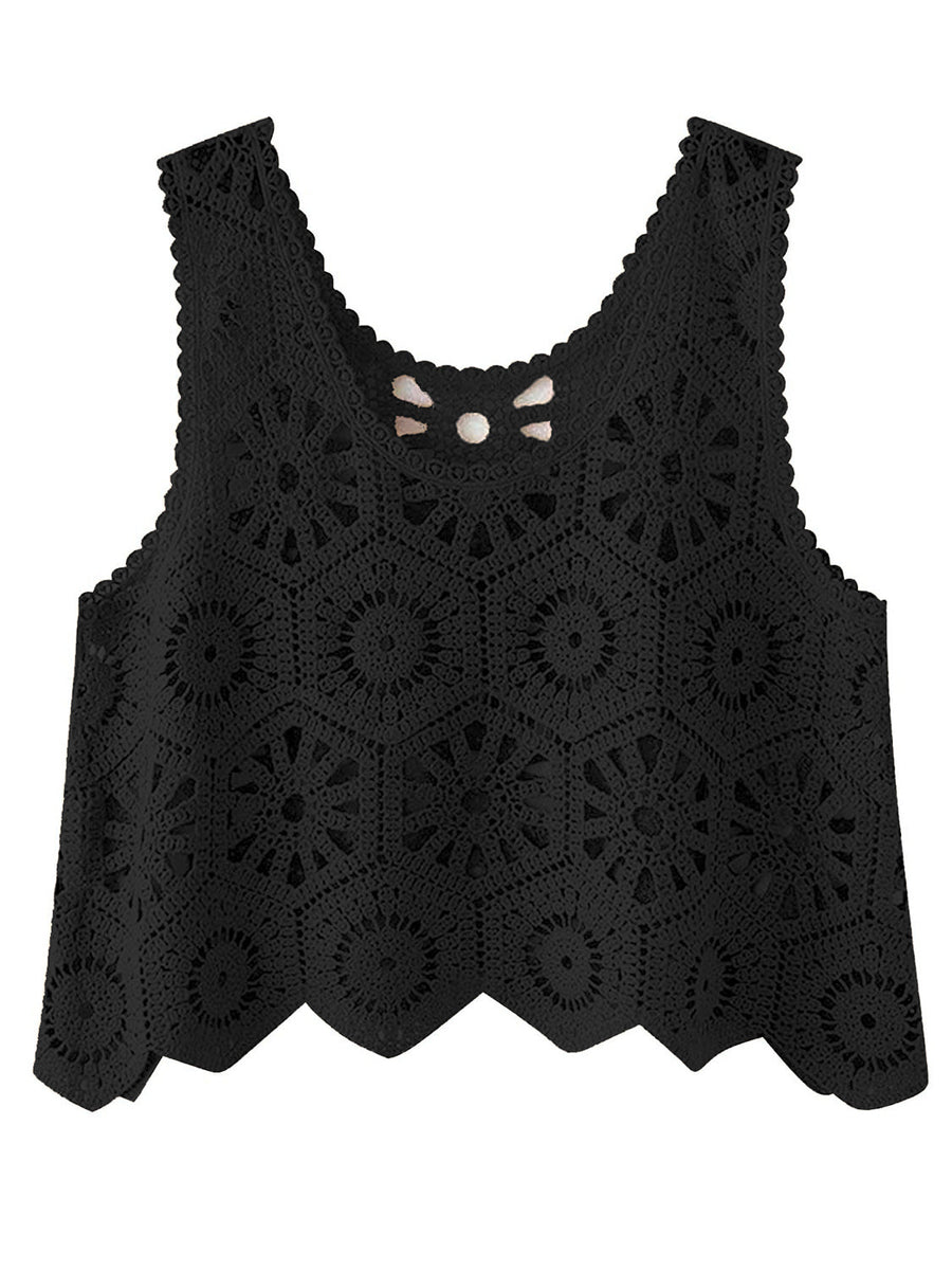Black crochet medallion tank top with scalloped hem and neckline detail