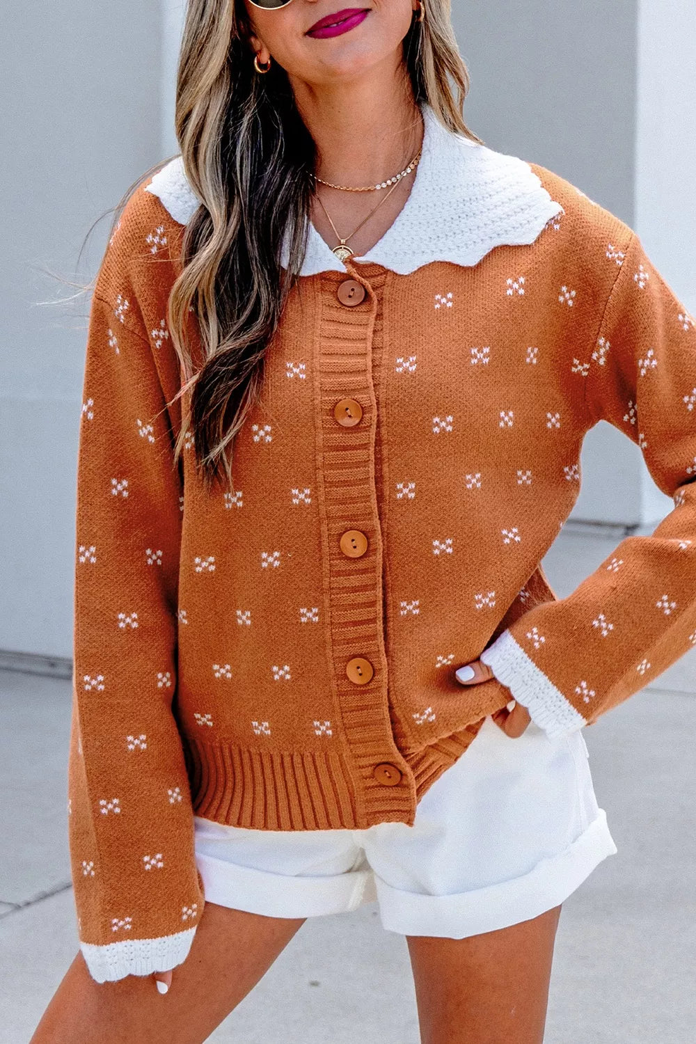 rust cardigan with geometric and peter pan collar