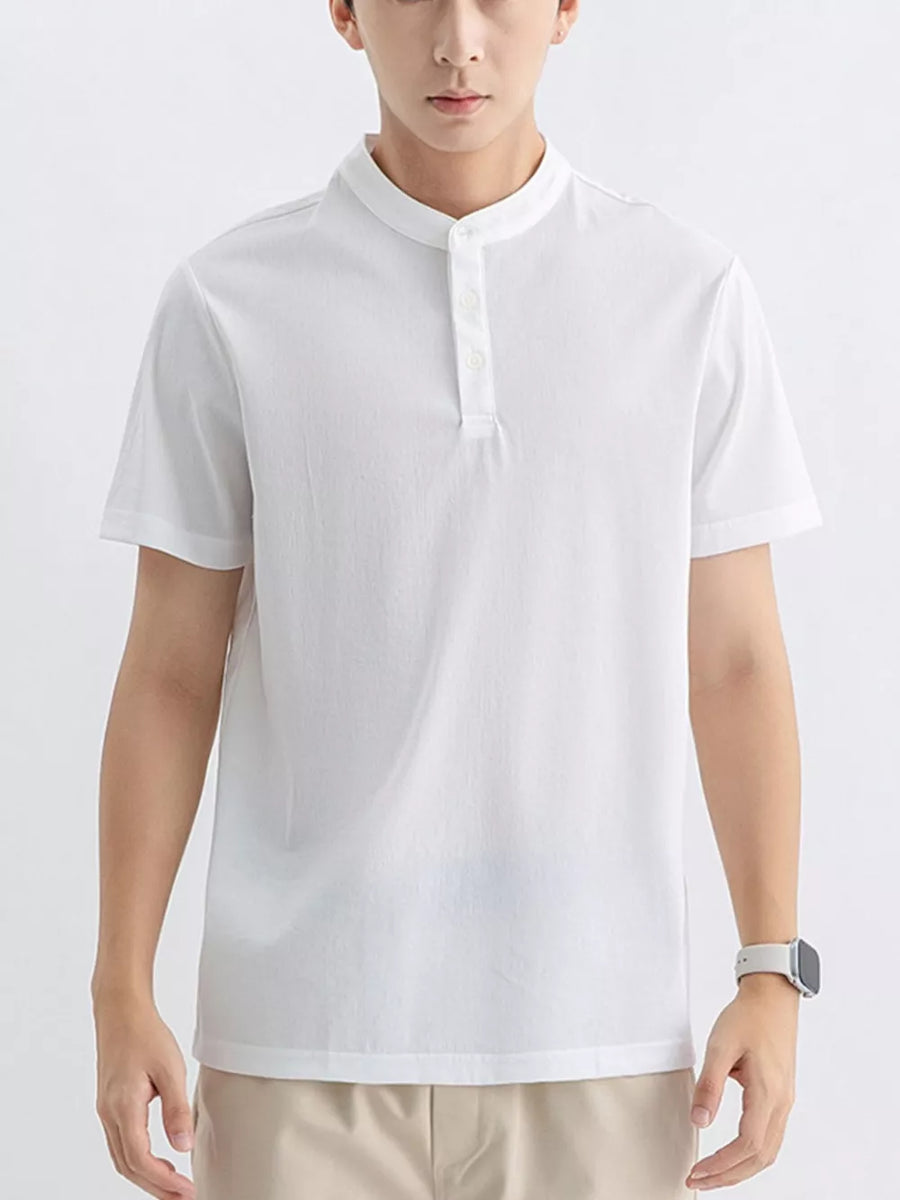 Men's white cotton short sleeve t-shirt with mandarin collar and button placket.