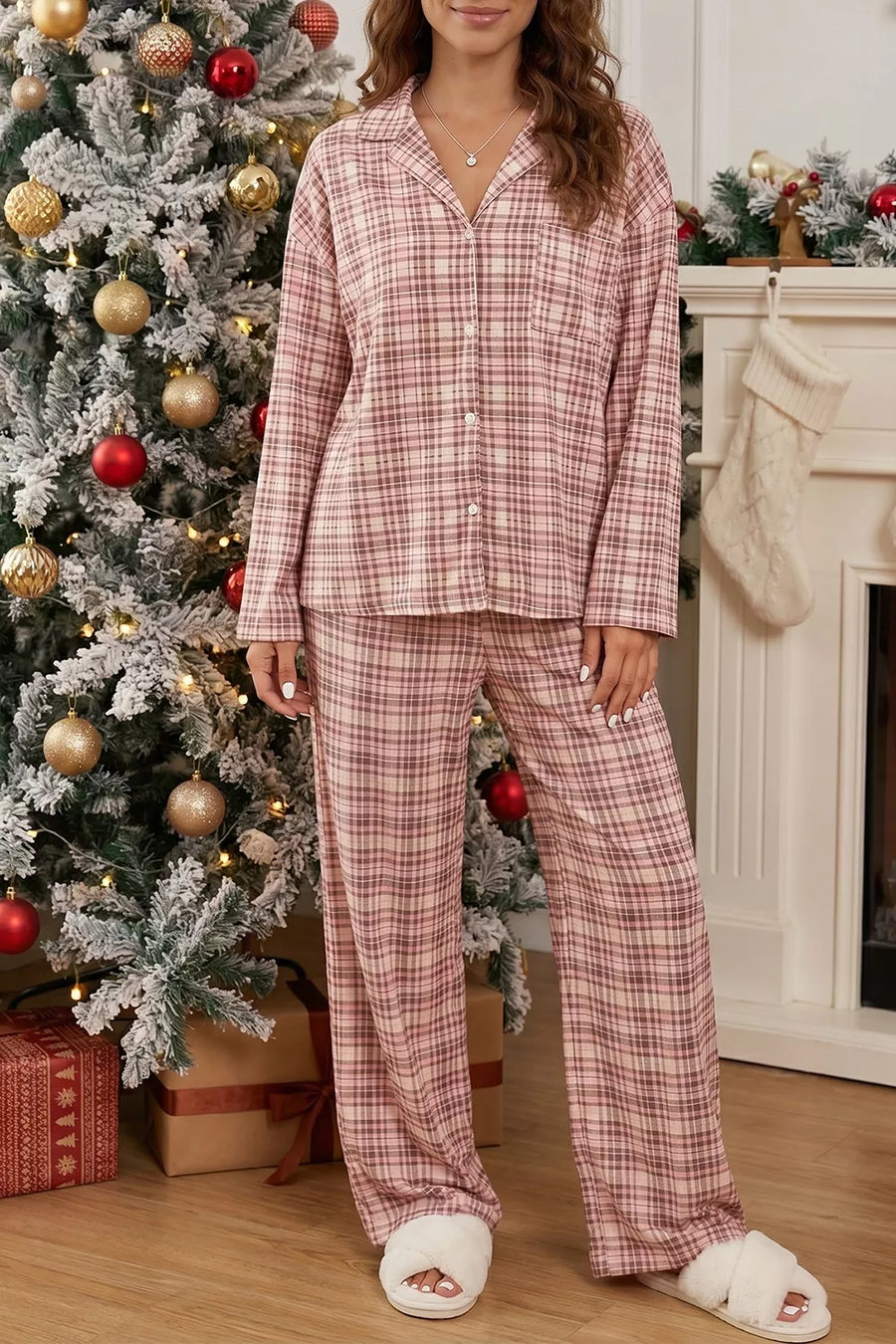 brown pajama set featuring buttoned and plaid
