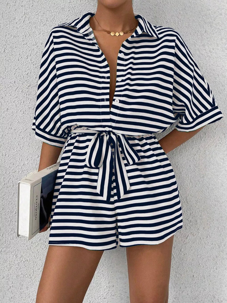 Dark Blue with Striped Button Front Half Sleeve Romper