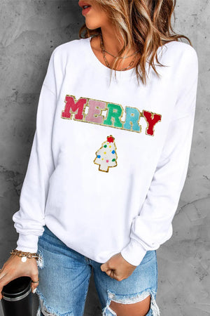 White sweatshirt with festive appliqué "MERRY" text and Christmas tree detail