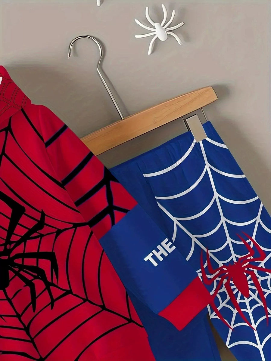 Red spider web hoodie and blue spider web pants set for baby.