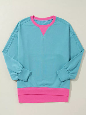 Colorblock Patchwork Crew Neck Sweatshirt in Teal