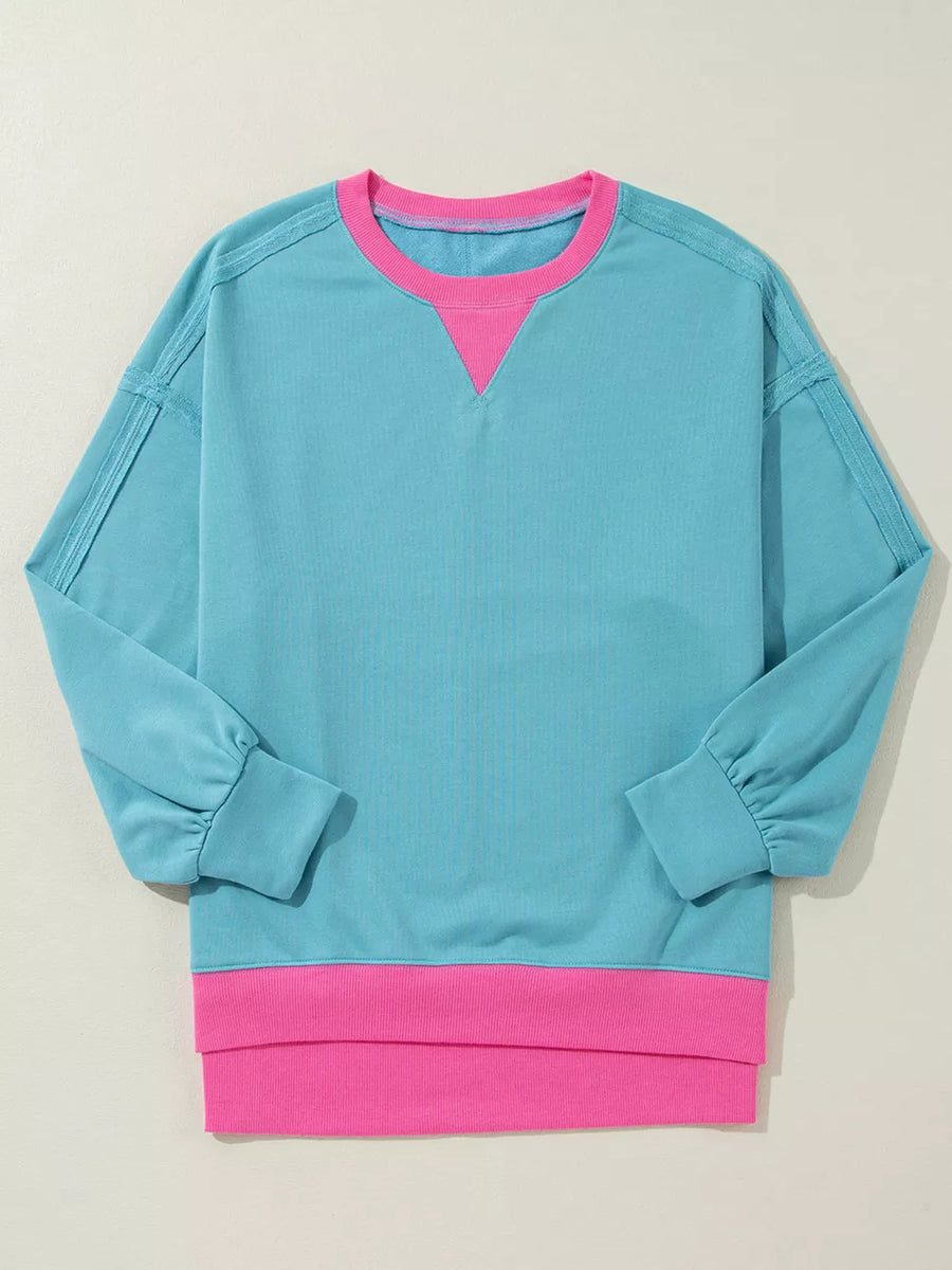 Colorblock Patchwork Crew Neck Sweatshirt in Teal