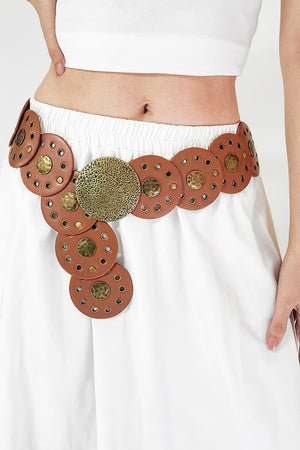 Brown faux leather belt with circular discs and gold-tone embellishments