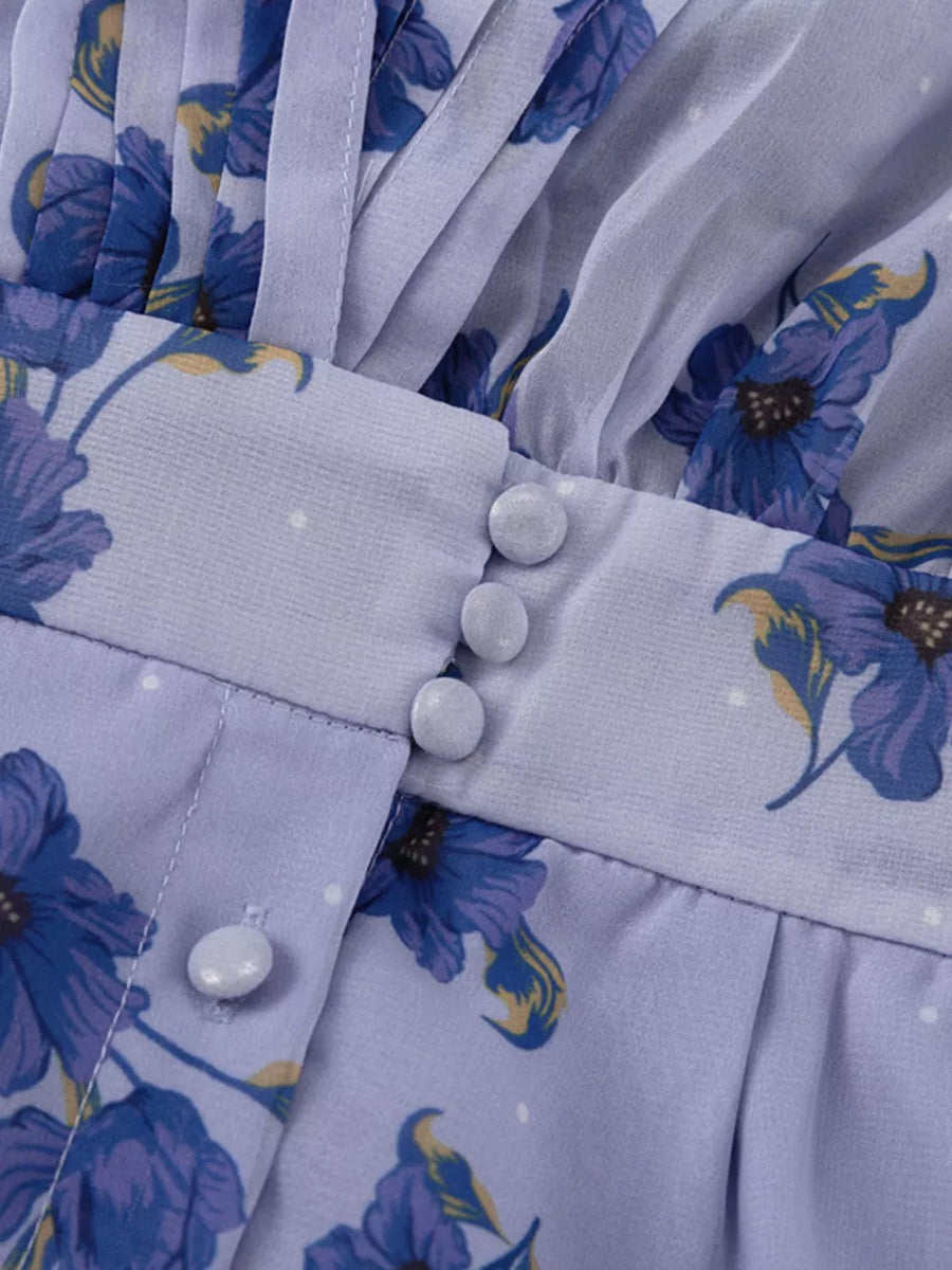 Light purple floral print dress with white polka dots and button detail