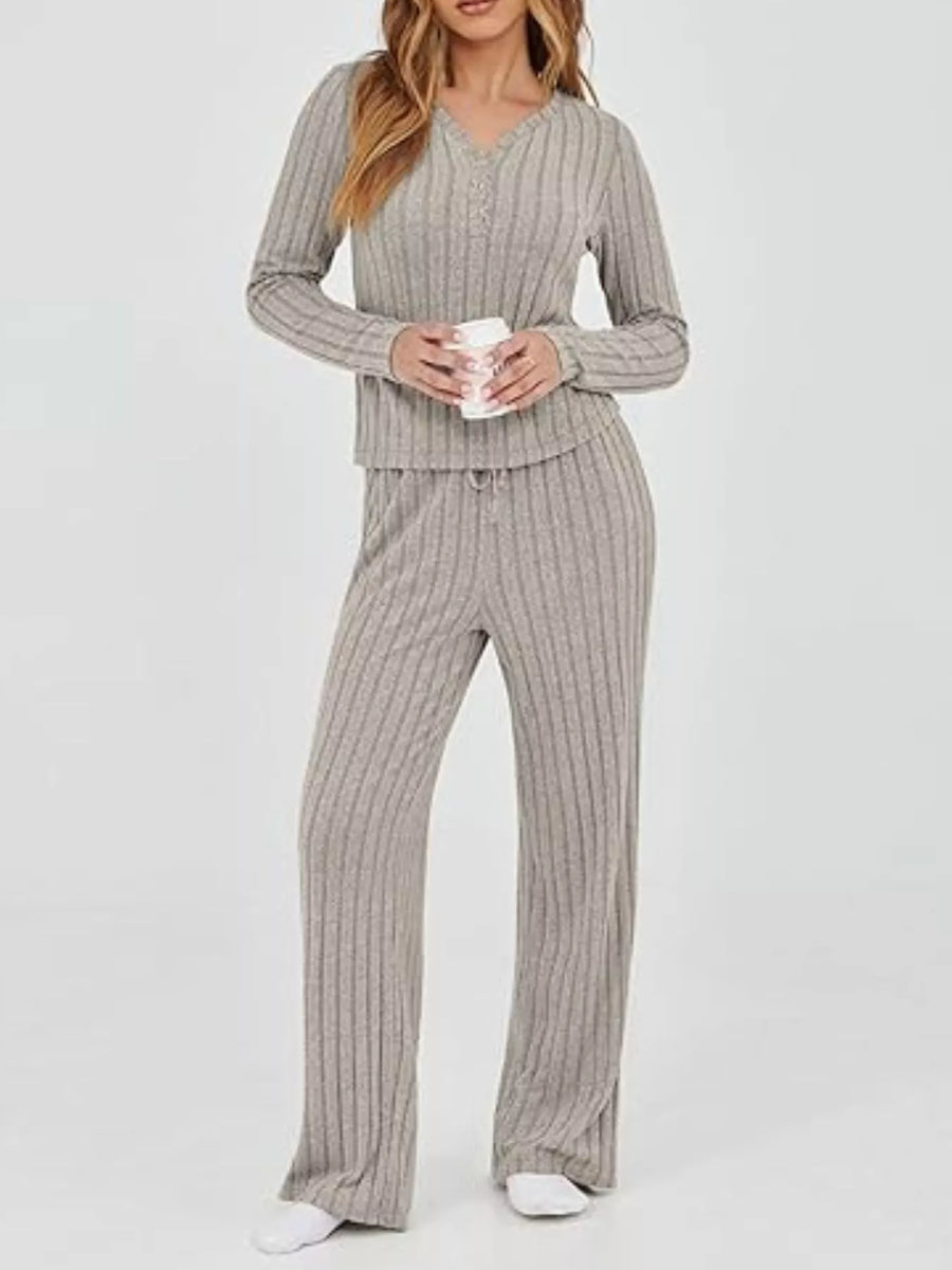 Ribbed knit loungewear set in khaki with drawstring pants and a long sleeve henley top.