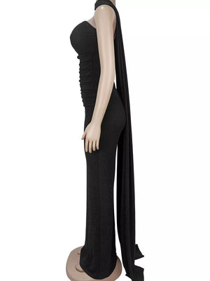 Slit Glitter Tube Maxi Dress With Scarf in Black with glitter