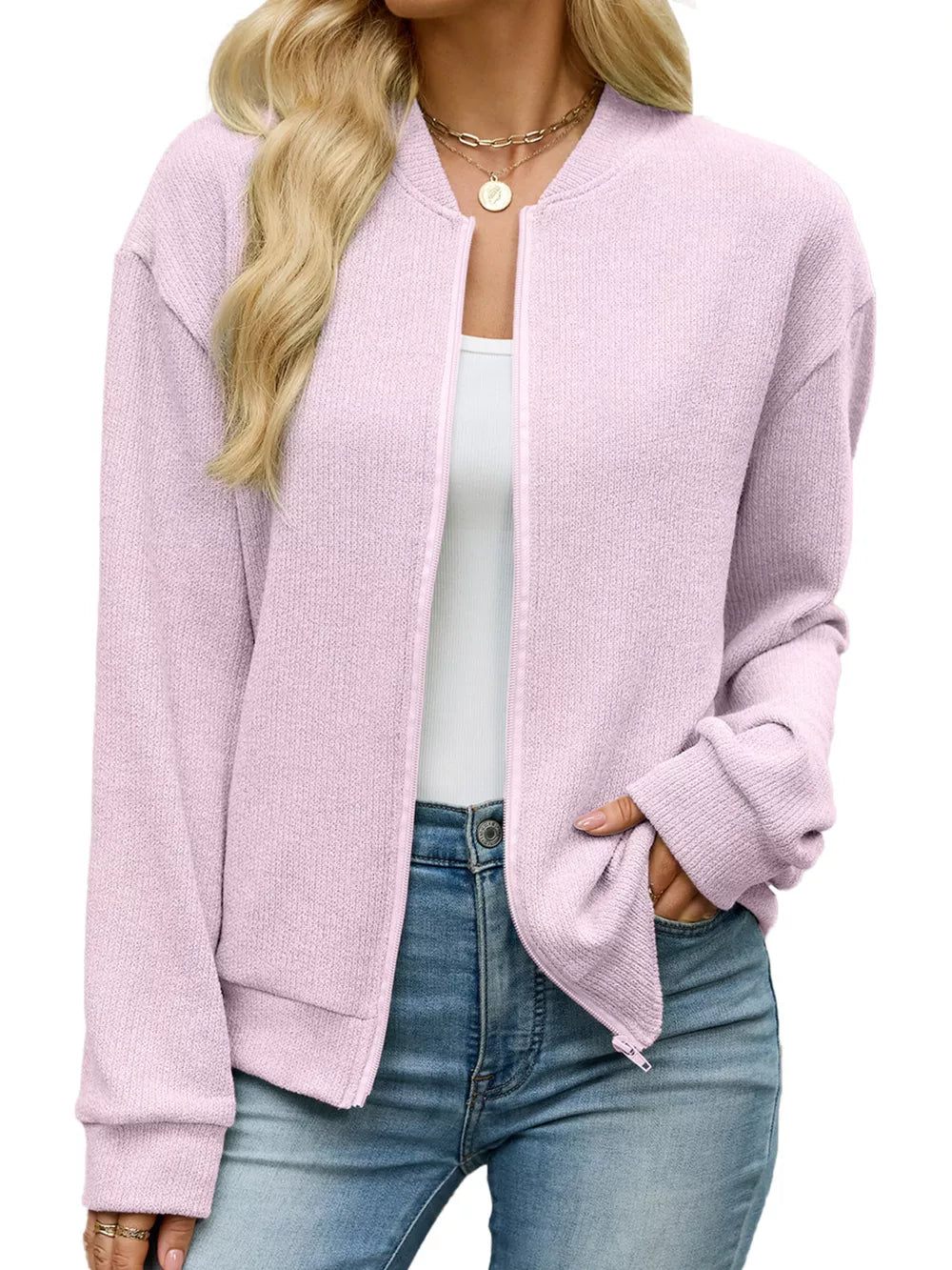 Gray zip-up sweater with zipper and long sleeve