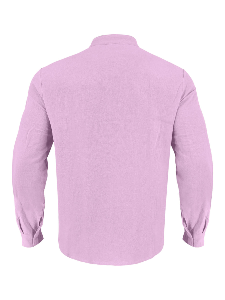Men's pink cotton band collar button-down shirt