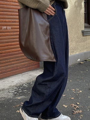 Cotton and polyester blend with less than 30% cotton wide-leg jeans in Dark Blue with relaxed silhouette
